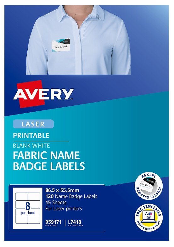 Avery L7418 Fabric White Laser 86.5 x 55.5mm Removable Name Badge Labels - 120 Pack