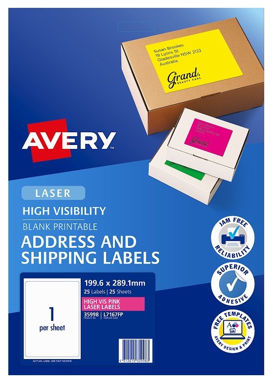 Avery L7167FP Fluoro Pink Laser 199.6 x 289.1 mm Permanent Visibility Shipping Labels - 25 Pack