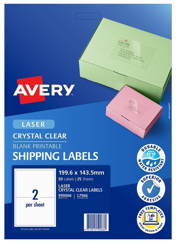 Avery L7566 Crystal Clear Laser 199.6 x 143.5mm Permanent Shipping Labels - 50 Pack