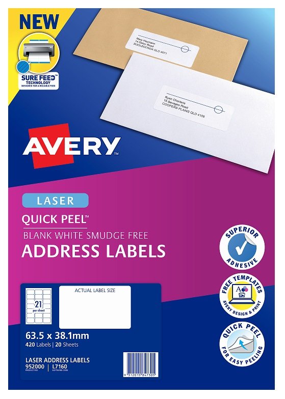Avery L7160 White Laser 63.5 x 38.1mm Permanent Quick Peel Address Labels with Sure Feed - 420 Pack