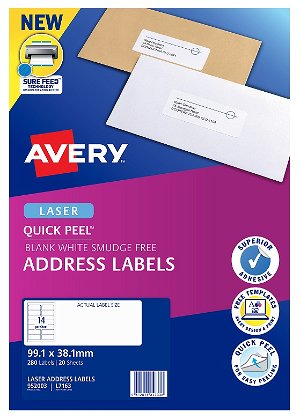 Avery L7163 White Laser 99.1 x 38.1mm Permanent Quick Peel Address Labels with Sure Feed - 280 Pack