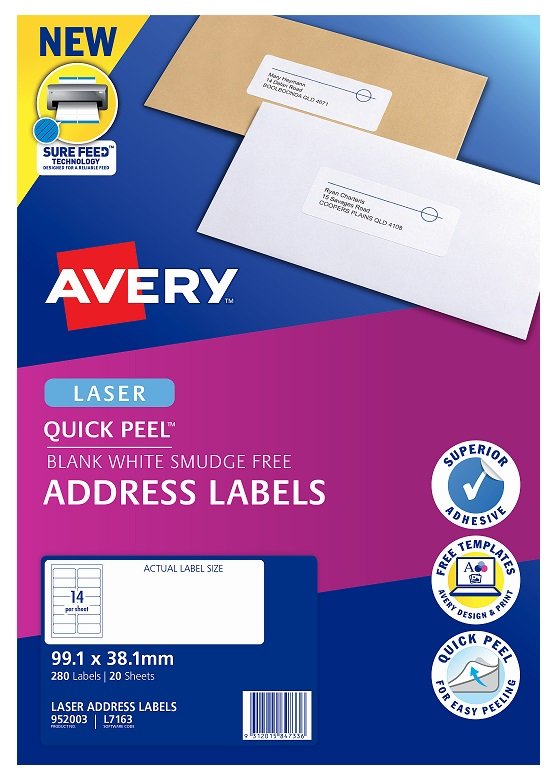 Avery L7163 White Laser 99.1 x 38.1mm Permanent Quick Peel Address Labels with Sure Feed - 280 Pack