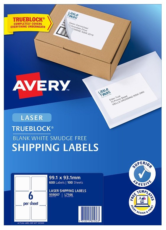 Avery L7166 White Laser 99.1 x 93.1mm Permanent Shipping Labels with Trueblock - 600 Pack