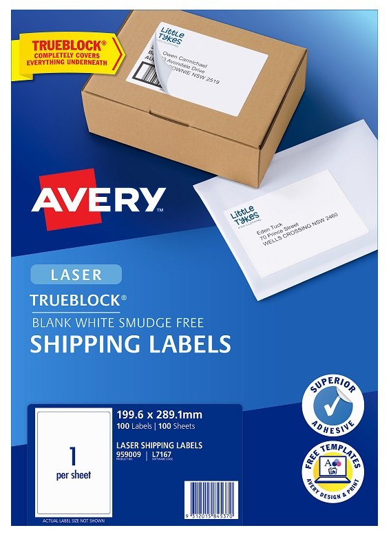 Avery L7167 White Laser 199.6 x 289.1mm Permanent Shipping Labels with Trueblock - 100 Pack