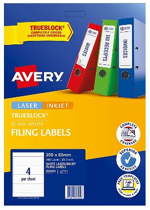 Avery L7171 White Laser Inkjet 200 x 60mm Permanent Lever Arch Filing Labels - 100 Pack