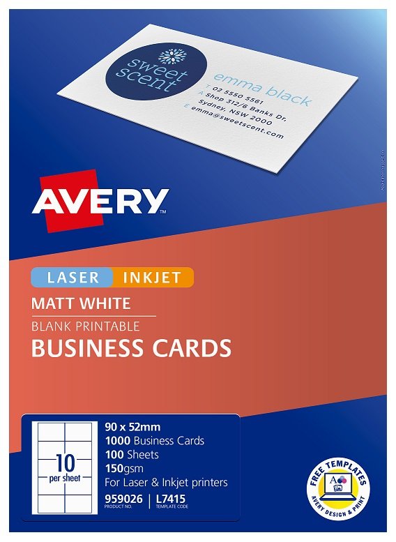 Avery L7415 Matte Laser Inkjet 90 x 52mm Single Sided Business Cards – 1000 Pack