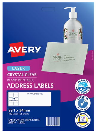 Avery L7562 Crystal Clear Laser 99.1 x 34mm Permanent Address Labels - 400 Pack