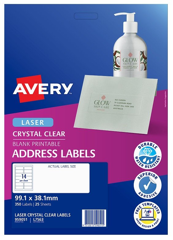 Avery L7563 Crystal Clear Laser 99.1 x 38.1mm Permanent Address Labels - 350 Pack