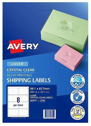 Avery L7565 Crystal Clear Laser 99.1 x 67.7mm Permanent Shipping Labels - 200 Pack