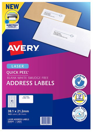 Avery L7651 White Laser 38.1 x 21.2 mm Permanent Quick Peel Address Labels with Sure Feed - 1625 Pack