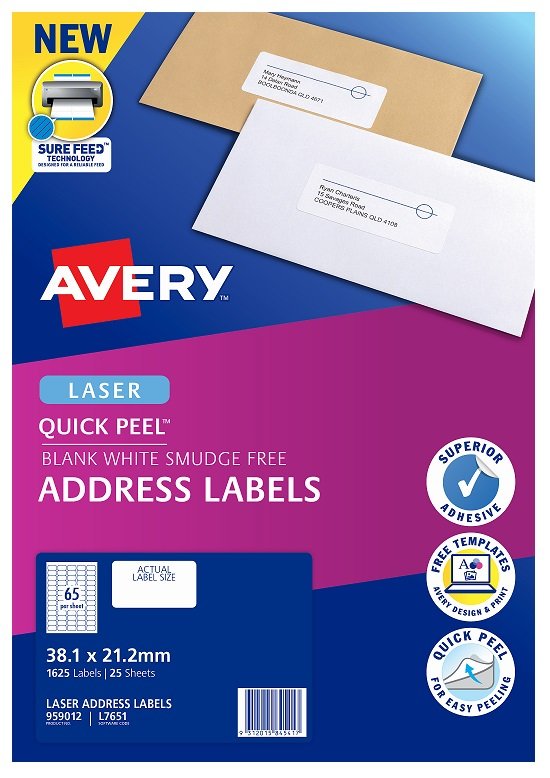 Avery L7651 White Laser 38.1 x 21.2 mm Permanent Quick Peel Address Labels with Sure Feed - 1625 Pack