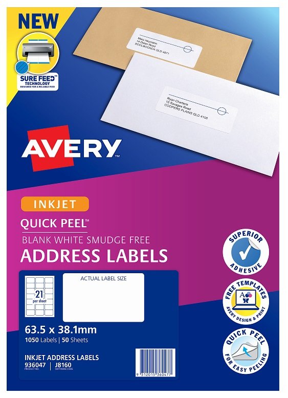 Avery J8160 White Inkjet 63.5 x 38.1mm Permanent Quick Peel Address Labels with Sure Feed - 1050 Pack