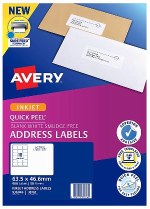 Avery J8161 White Inkjet 63.5 x 46.6mm Permanent Quick Peel Address Labels with Sure Feed - 900 Pack