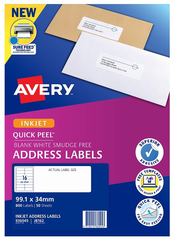 Avery J8162 White Inkjet 99.1 x 34mm Permanent Quick Peel Address Labels with Sure Feed - 800 Pack
