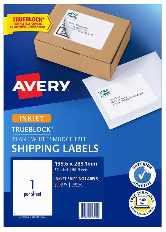 Avery J8167 White Inkjet 199.6 x 289.1mm Permanent Shipping Labels with Trueblock - 50 Pack