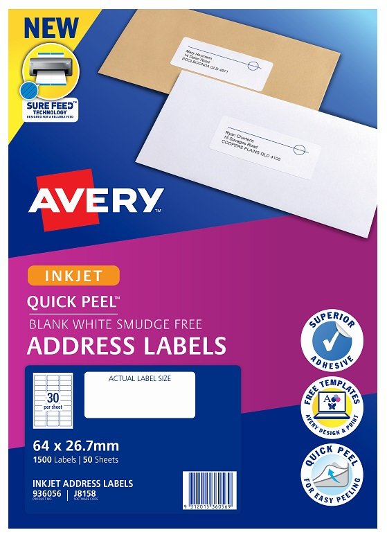 Avery J8158 White Inkjet 64 x 26.7mm Permanent Quick Peel Address Labels with Sure Feed - 1500 Pack