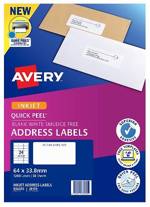 Avery J8159 White Inkjet 64 x 33.8mm Permanent Quick Peel Address Labels with Sure Feed - 1200 Pack