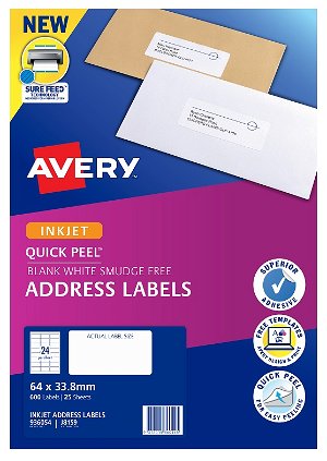 Avery J8159 White Inkjet 64 x 33.8mm Permanent Quick Peel Address Labels with Sure Feed – 600 Pack