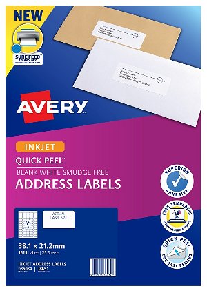 Avery J8651 White Inkjet 38.1 x 21.2mm Permanent Quick Peel Address Labels with Sure Feed – 1625 Pack