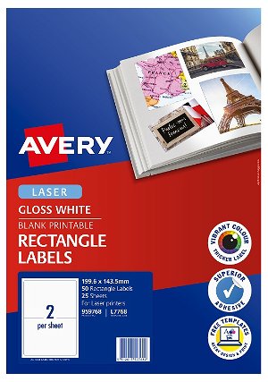 Avery L7768 Glossy White Laser 199.6 x 143.5mm Permanent Photo Quality Multi-Purpose Labels – 50 Pack