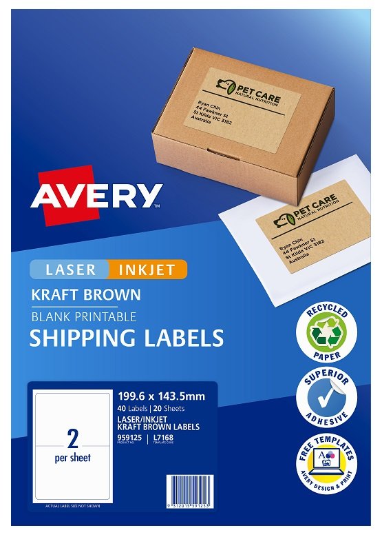 Avery L7168 Kraft Brown Laser 199.6 x 143.5mm Permanent Shipping Labels – 40 Pack