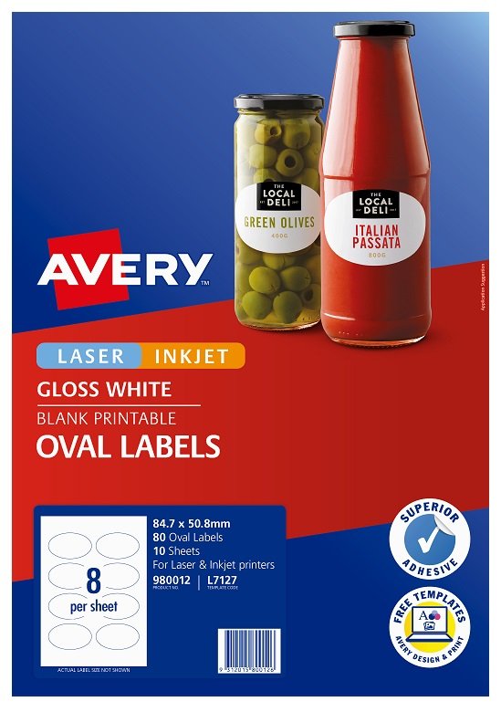 Avery L7127 Glossy White Laser Inkjet 85 x 51mm Oval Permanent Product Labels - 80 Pack
