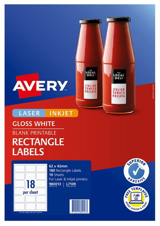 Avery L7109 Glossy White Laser Inkjet 62 x 42mm Permanent Product Labels - 180 Pack