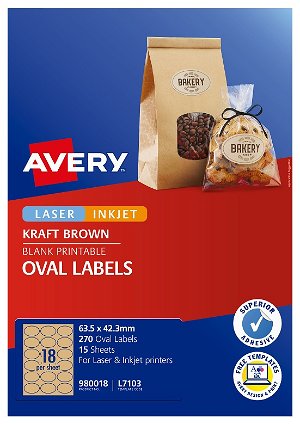 Avery L7103 Kraft Brown Laser Inkjet 64 x 42mm Oval Permanent Product Labels - 270 Pack