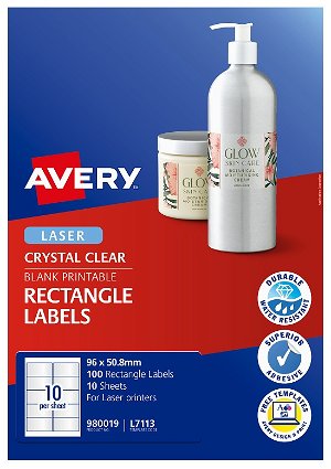 Avery L7113 Crystal Clear Laser 96 x 50.8mm Permanent Product Labels - 100 Pack