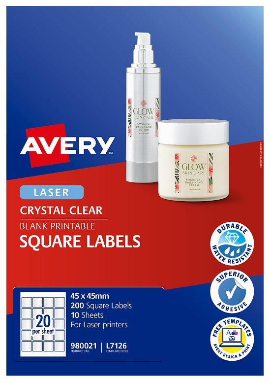 Avery L7126 Crystal Clear Laser 45mm Square Permanent Product Labels - 200 Pack