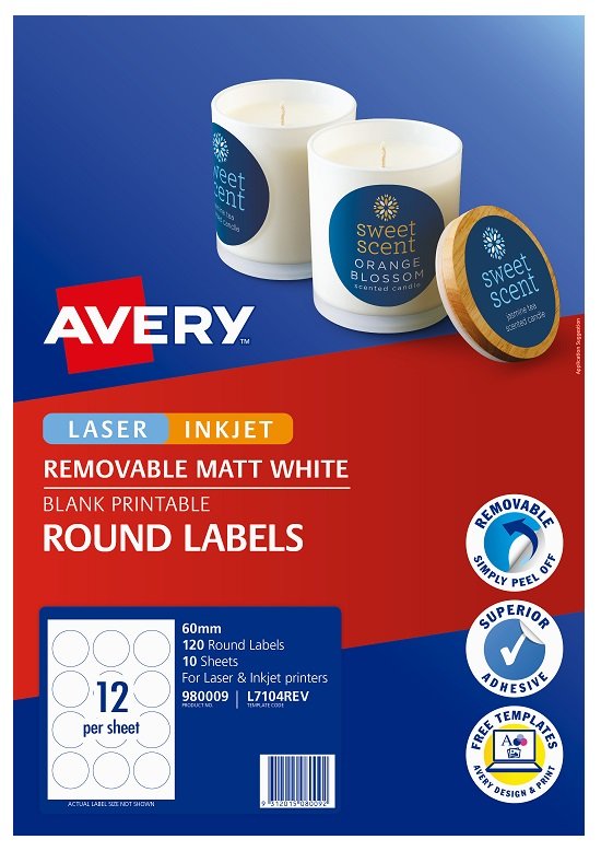 Avery L7104REV Matte White Laser Inkjet 60mm Round Removable Product Labels - 120 Pack