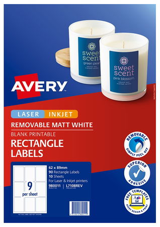 Avery L7108REV White Laser Inkjet 62 x 89mm Removable Product Labels - 90 Pack