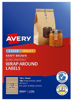 Avery L7145 Kraft Brown Laser Inkjet 190 x 16mm Permanent Wraparound Labels – 180 Pack