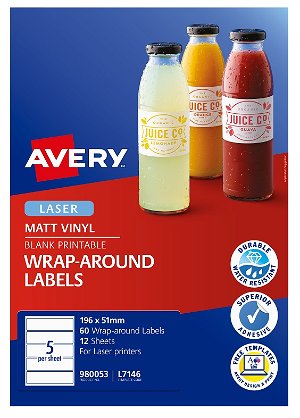 Avery L7146 White Laser 196 x 51mm Permanent Durable Wraparound Labels – 60 Pack