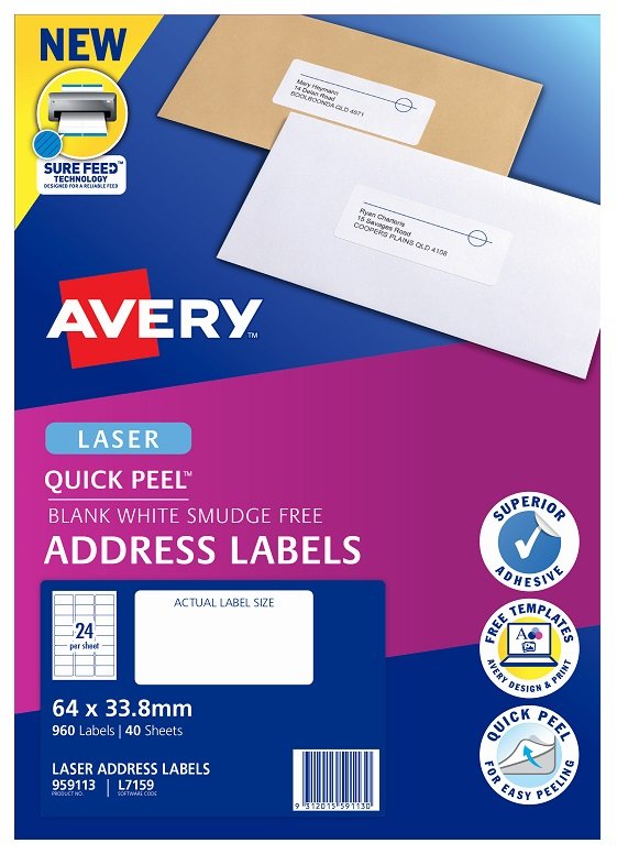 Avery L7159 White Laser 64 x 33.8mm Permanent Quick Peel Address Labels with Sure Feed – 960 Pack