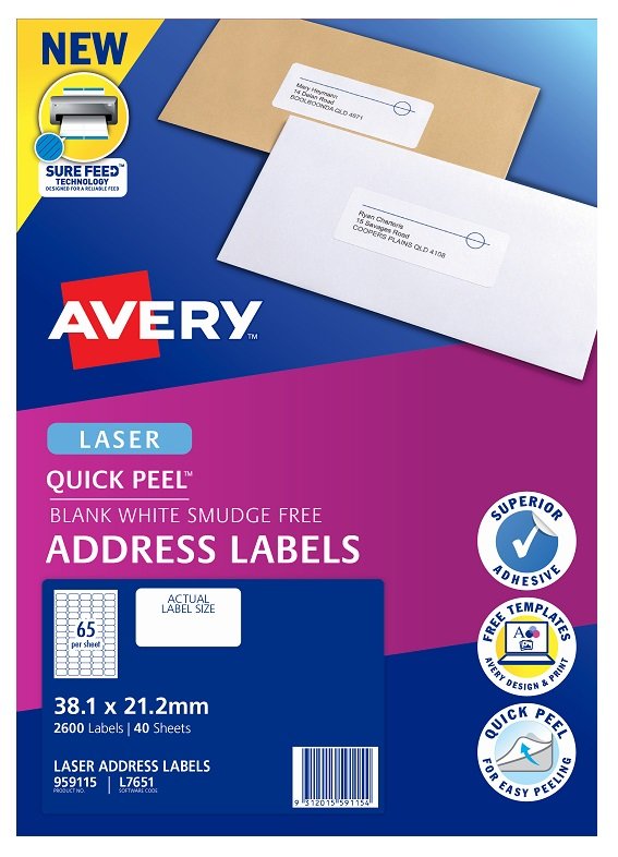 Avery L7651 White Laser 38.1 x 21.2 mm Permanent Quick Peel Address Labels with Sure Feed - 2600 Pack