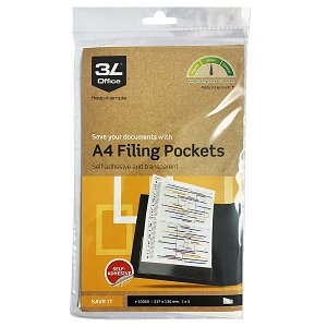 3L 217 x 130mm A4 Self-Adhesive Filing Pockets Transparent - 5 Pack