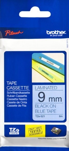 Brother P-Touch TZE-521 9mm Black on Blue Laminated Label Tape