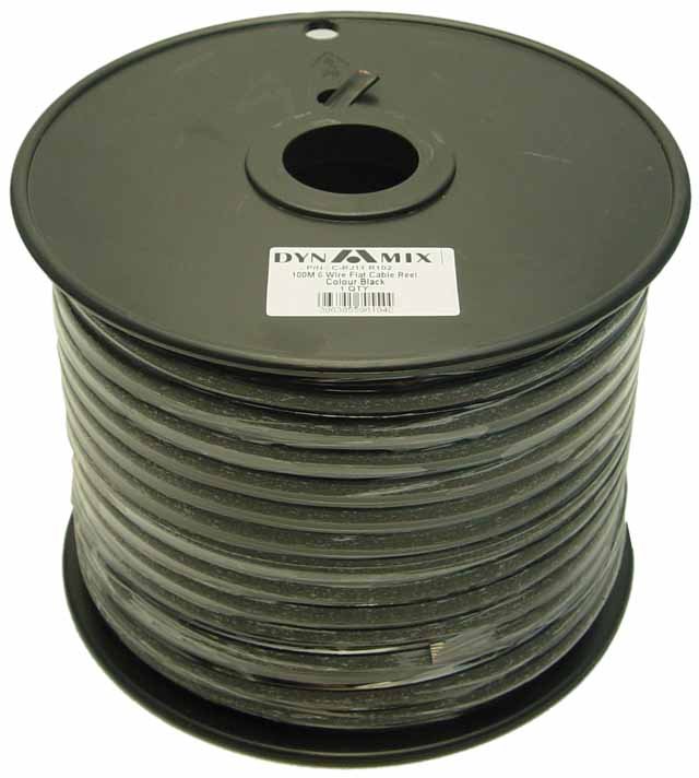 Dynamix 100M Roll 6 Wire Flat Cable. Black colour on a plastic reel