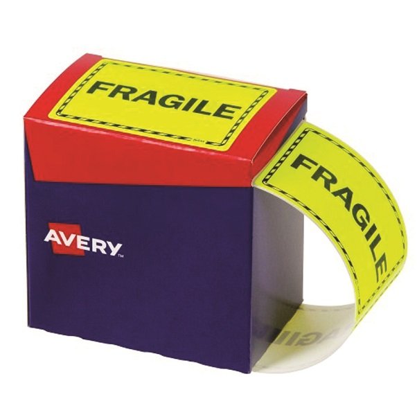 Avery 75mm x 99.6mm Fragile Permanent Dispenser Label Fluoro Yellow - 750 Labels