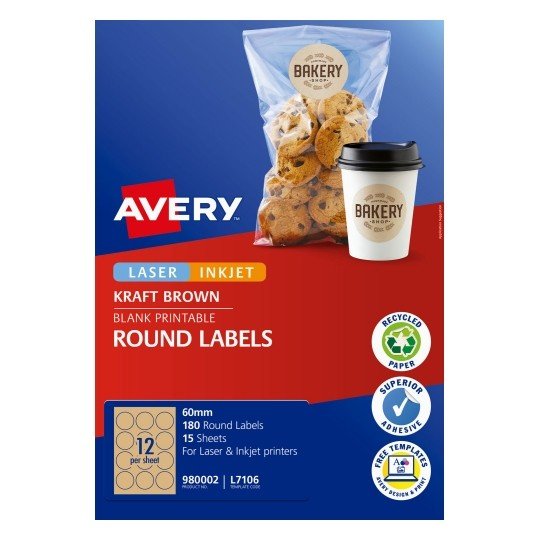 Avery L7106 Kraft Brown Laser Inkjet 60mm Round Permanent Labels - 180 Pack