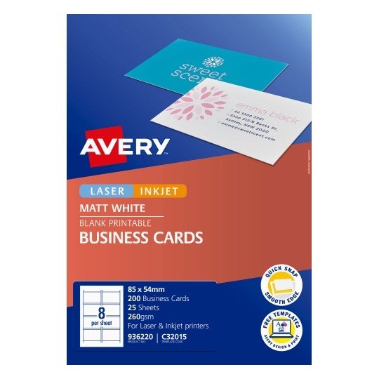 Avery C32015 Matt Laser Inkjet 85 x 54mm Double Sided Business Cards – 200 Cards