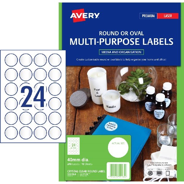 Avery L7106 Glossy Crystal Clear Laser 40mm Round Permanent Product Labels - 240 Pack