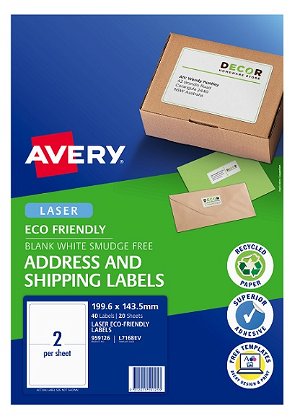 Avery L7168EV Eco Friendly 199.6 x 143.5 mm Permanent Lase rAddress Labels - 40 Pack