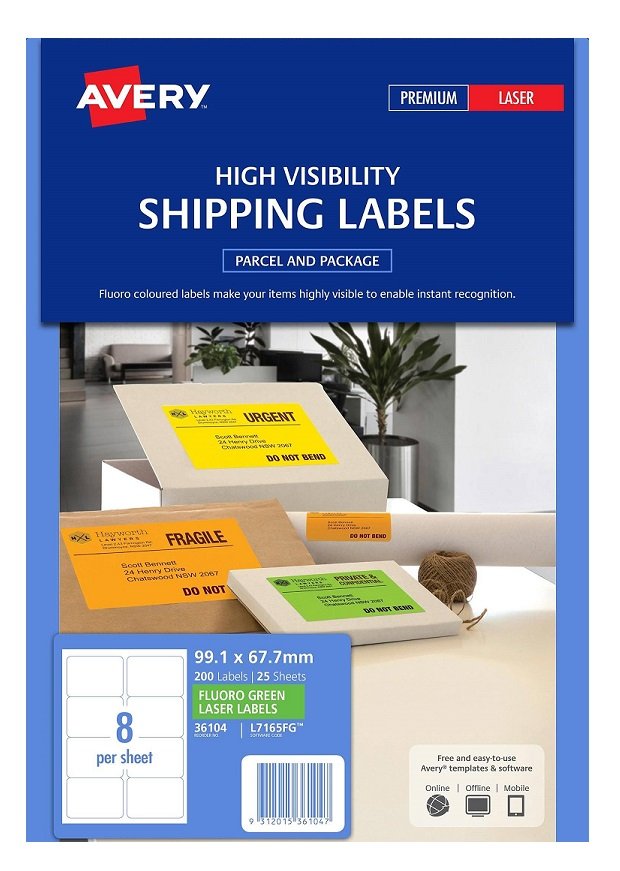Avery L7165FG Fluoro Green Laser 99.1 x 67.7mm Permanent Visibility Shipping Labels - 200 Pack