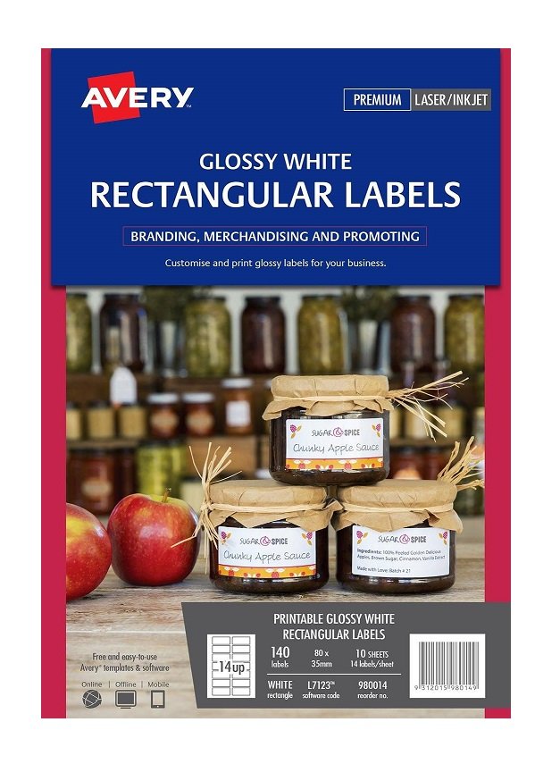 Avery L7123 Glossy White Laser Inkjet 80 x 35mm Permanent Rectangle Labels – 140 Pack