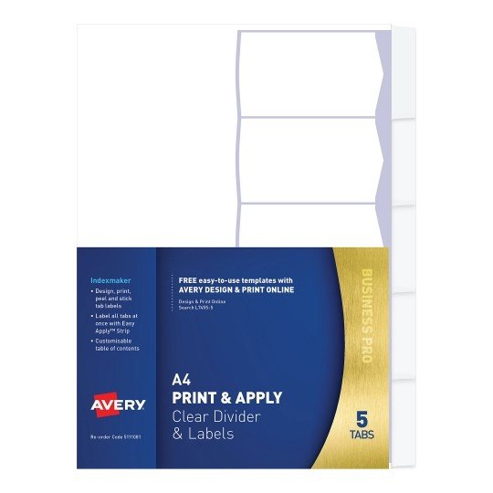 Avery IndexMaker L7455-5 A4 Laser Inkjet Clear Divider & Label - 5 Tabs