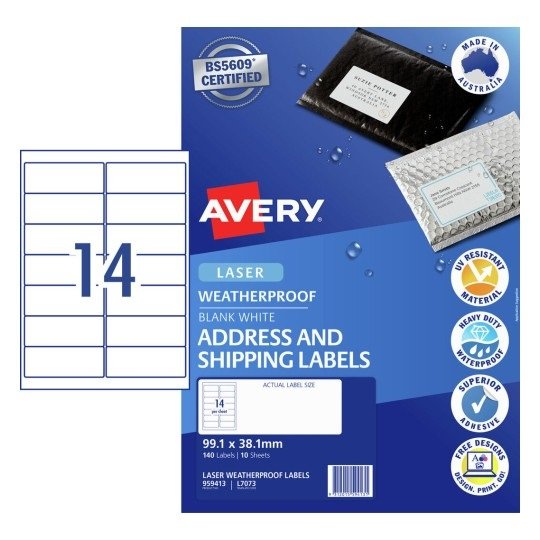 Avery L7073 Weatherproof 99.1 x 38 mm Permanent Laser Address Label - 140 Pack