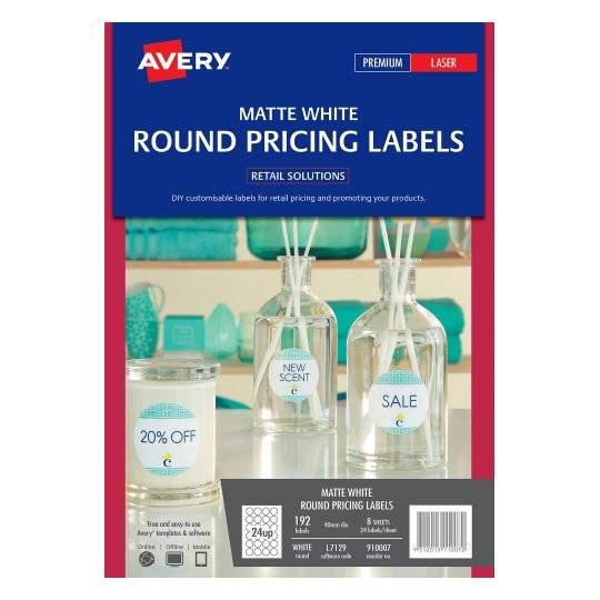 Avery L7129 Matte White Laser 40mm Round Removable Labels - 192 Pack