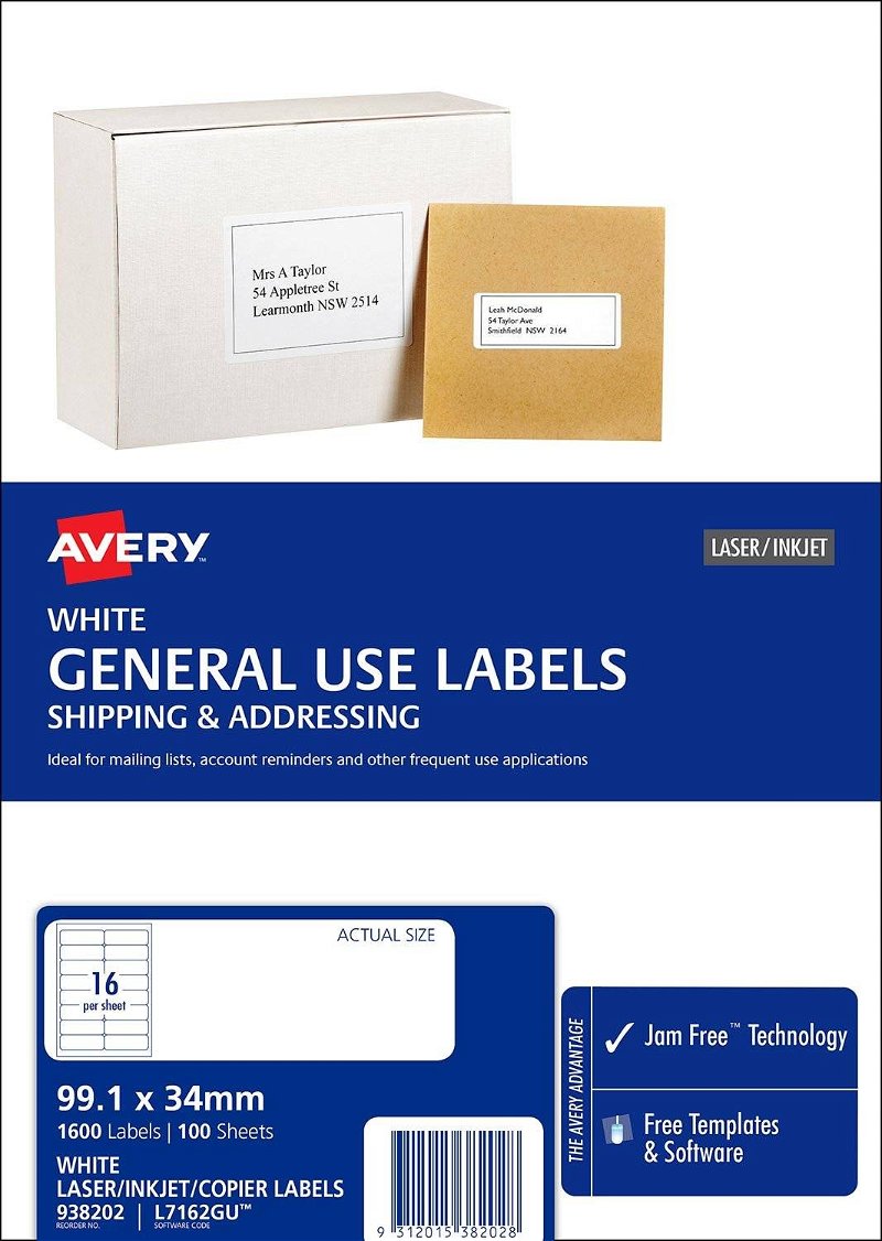Avery L7162GU White Laser Inkjet 99.1 x 34mm Permanent General Use Labels – 1600 Pack